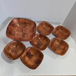 Vintage Woven Wood 7 pc Wood Bowl Set